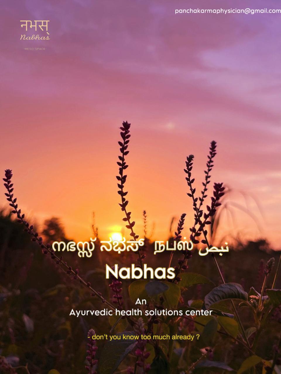 NABHAS Ayurveda - Sunset with herbs and multilingual branding